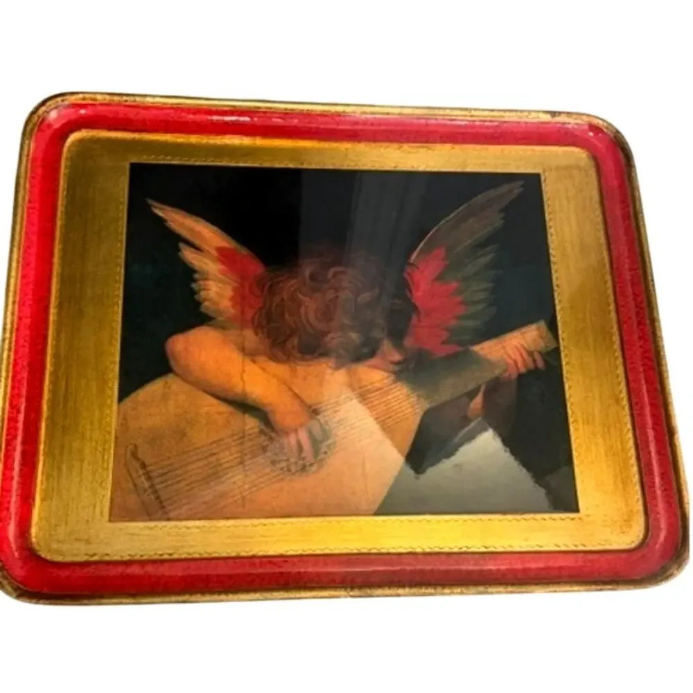 Neiman Marcus Italy Florentine Style Vintage Wood Tray Cherub Lute Angel Decor